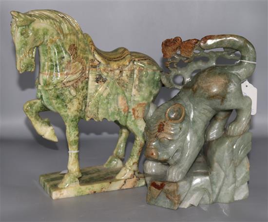 A large Chinese jadeite figure of a lion dog, wood stand and a hardstone horse